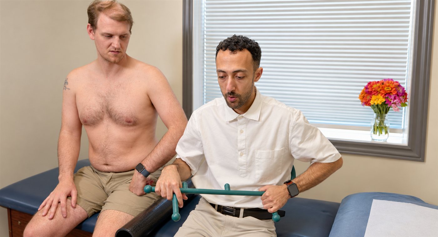 Physiotherapist Salman Shuqair demonstrating a movement exercise during a physiotherapy session in Sarnia.